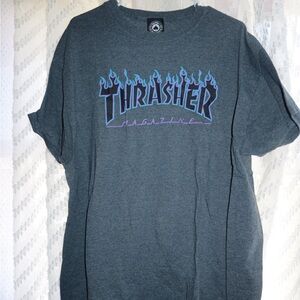 Thrasher Men's Dark Gray Tee with Blue & Purple Flame Logo